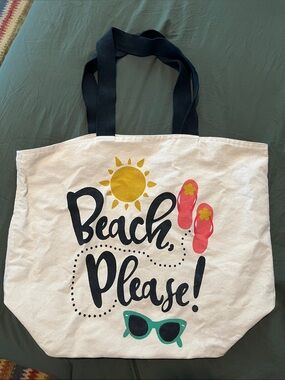 Beach Please Canvas Tote with Sun & Flip-Flop Graphic Beach Please on both sides
